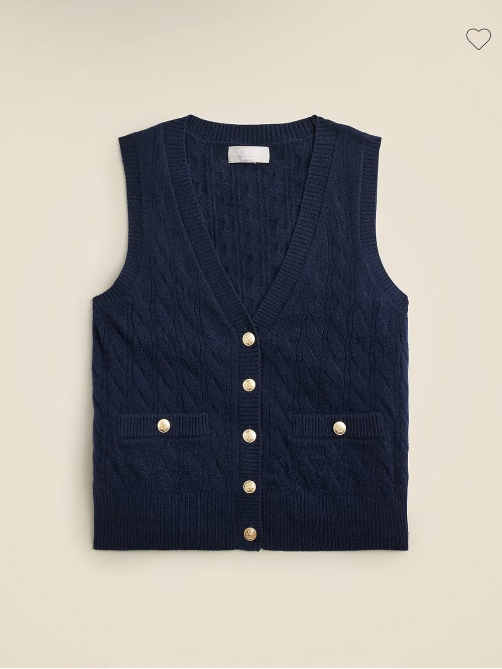 J. Crew Navy Cashmere Cable-Knit V-Neck Sweater Vest with Gold Buttons